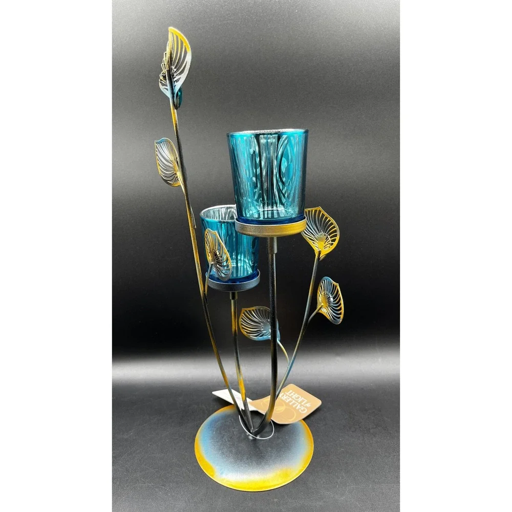 Gallery of Light Peacock Plume Metal Teal Glass Votive Candle Holder 10015949